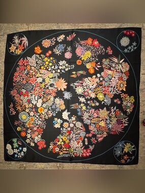 New Designer-Style 90cm Floral Silk Scarf in Navy Blue with Multicolor Blooms